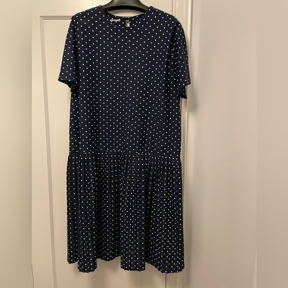 VINTAGE Navy with White Polka Dots Dress with Pleated Bottom